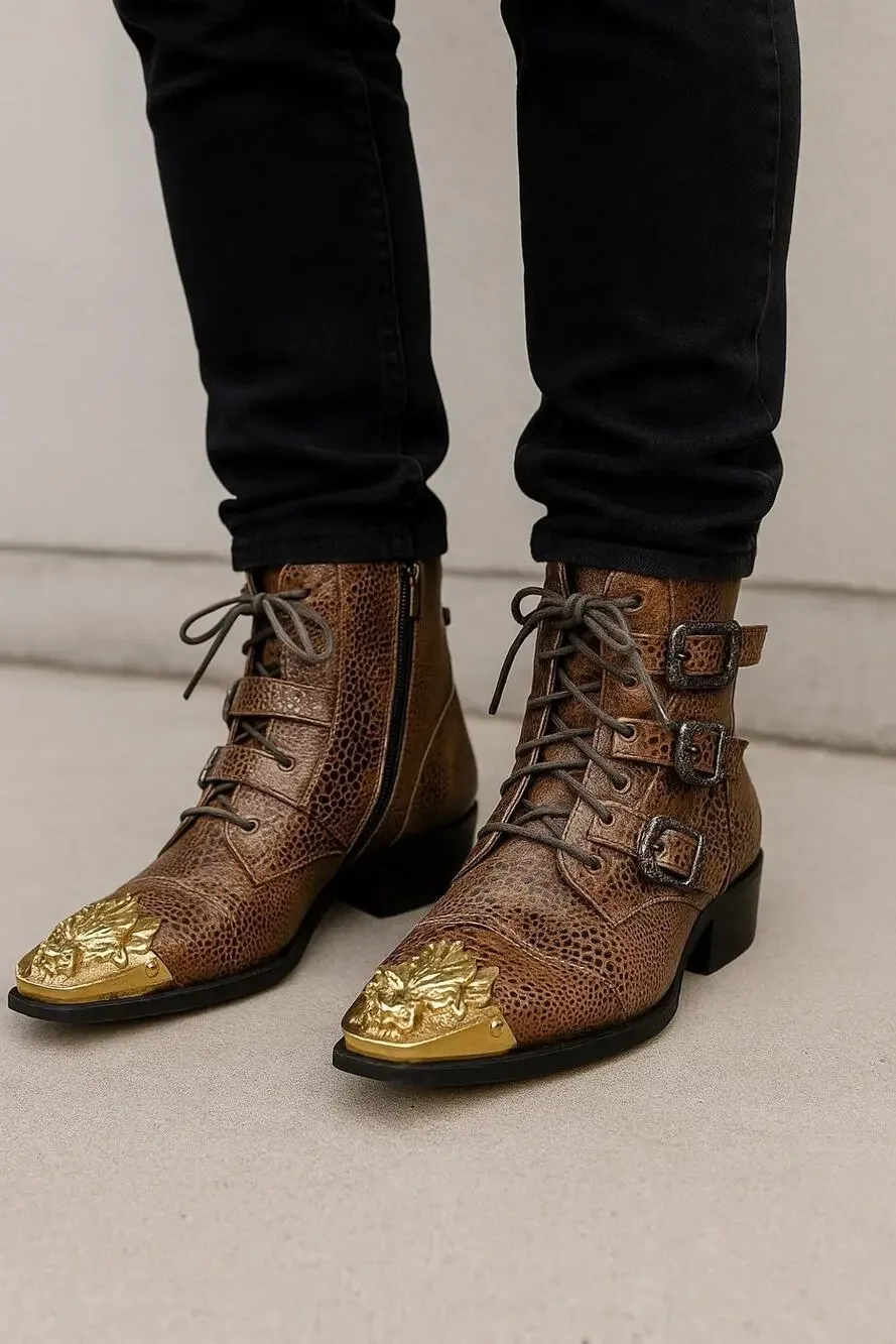 Aomi Shoes Snakeskin Western Gothic Boots w/ Gold Dragon Toe & Buckle Straps Men